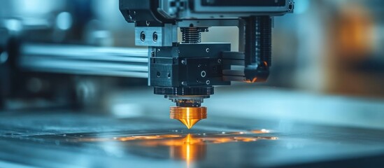 Fototapeta premium Close-up of industrial 3D printer nozzle during operation.