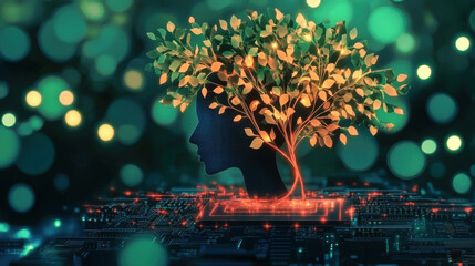 tree with foliage growing from a circuit board  concept of technology