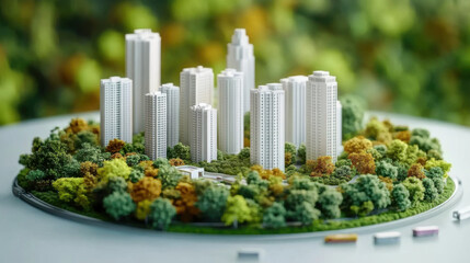 miniature cityscape showcases tall, white buildings  vibrant greenery with nature