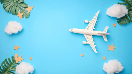 Flat lay design of travel concept with plane and cloud on blue background with copy space