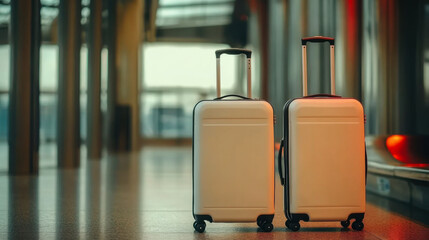 Two suitcases in an empty airport hall, traveler cases in the departure airport terminal waiting for the area