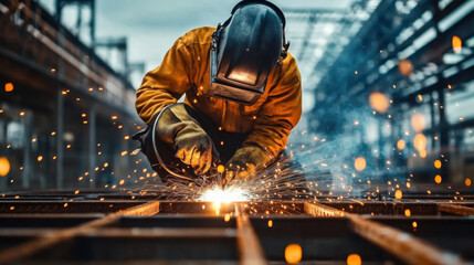 Welder working on a metal bridge construction