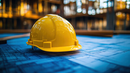 Yellow helmet and heap of project drawings