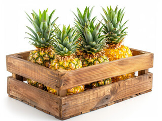 Fresh pineapple in wooden crate isolated on white background