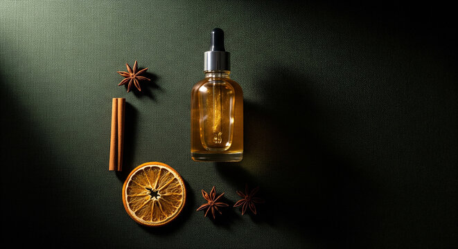 A warm flat lay of a cosmetic serum bottle with orange, cinnamon, and star anise, a concept for natural, aromatic, and seasonal skincare products