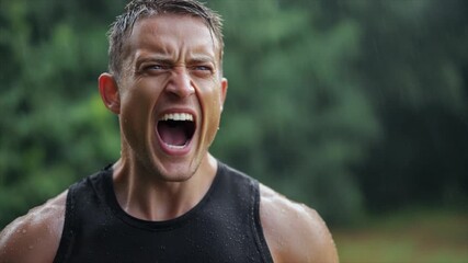 close-up of the upper body and face, a muscular man in his thirties wearing black sleeveless sportswear - Powered by Adobe