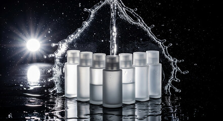 A dynamic set of cosmetic bottles on a reflective surface with a dramatic water splash, a concept for ultimate hydration and powerful purification
