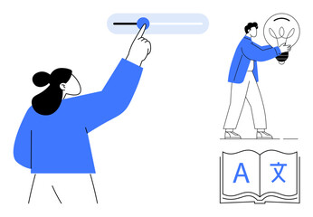 Person adjusting slider, individual holding lightbulb, open book with language characters. Ideal for technology, creativity, innovation, education, language learning user interface ideas. Simple