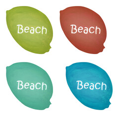 Handcrafted sign features the word Beach in a playful, freehand font. The design showcases four colorful, beach-themed variations on a white backdrop, ideal for summer.
