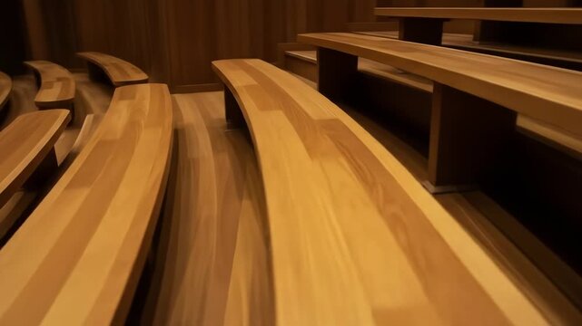 Angled shot of wooden benches arranged in tiered rows, suggesting an auditorium or lecture hall