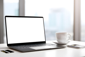 Fototapeta premium Modern workspace featuring laptop with blank screen, coffee cup, smartphone and business cards on a white desk. Business concept