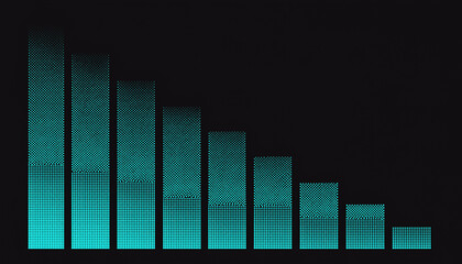 Gráfico de barras descendente con efecto de semitonos en azul cian sobre fondo negro, visualización de datos con degradado digital