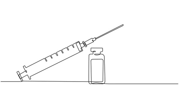 Animated self drawing of continuous line draw medical disposable syringe with needle. Applicable for vaccine injection, vaccination logo. Plastic syringe with needle. Full length single line animation