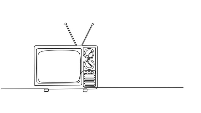 Self drawing animation of one single line draw retro old fashioned tv with wooden frame. Antique vintage analog television concept continuous line draw. Full length animated illustration.
