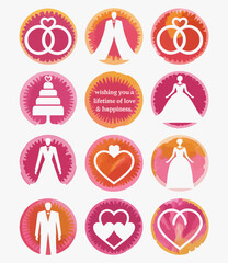 A beautiful arrangement of elegant wedding symbols, including rings, dresses, and hearts, designed to convey joy and unity, making it ideal for wedding-themed projects.