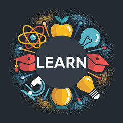 An engaging graphic design represents the circle of learning featuring key elements of education through playful illustrations, emphasizing growth and curiosity in pursuit of knowledge.