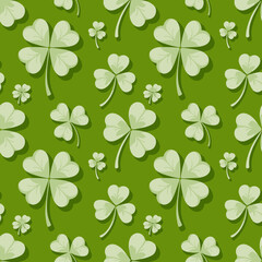 A lively seamless pattern featuring shamrocks of various sizes and shapes on a rich green background, capturing the spirit of luck and joy for celebrations.