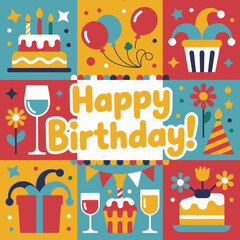 A vibrant and cheerful image depicting various festive elements such as cakes, balloons, and party decorations, perfect for birthday celebrations and joyful events.