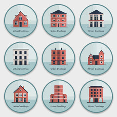 A series of elegant icons showcasing urban dwellings, ideal for representation in real estate projects or city lifestyle branding with a touch of sophistication.