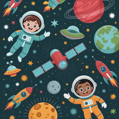A charming illustration depicting children astronauts exploring outer space, featuring rockets, planets, and a colorful cosmic backdrop, ideal for kid's educational themes.