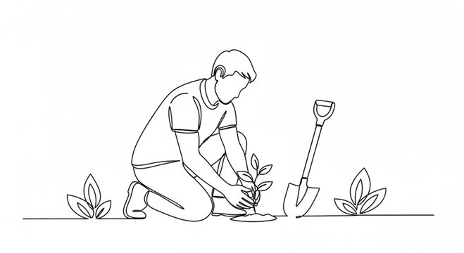 Single continuous line art of a person kneeling and planting a small sapling or plant in the ground with a shovel nearby, symbolizing gardening and ecology.