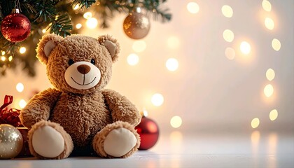 Adorable teddy bear close-up under Christmas tree with glowing ornaments and soft lights