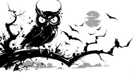 halloween doodle owl sitting on tree branch sketch