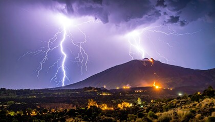 Volcanic lightning storm at night