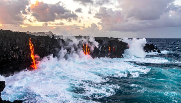 Volcanic lava flows into the sea