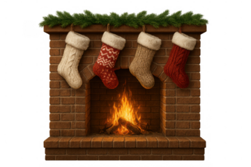 Christmas fireplace with knitted stockings hanging on a mantel, roaring fire, evergreen garland, transparent background