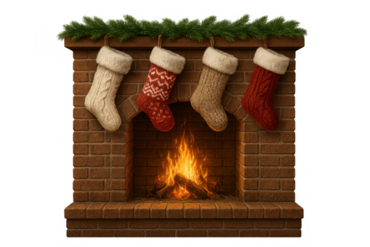 Christmas fireplace with knitted stockings hanging on a mantel, roaring fire, evergreen garland, transparent background