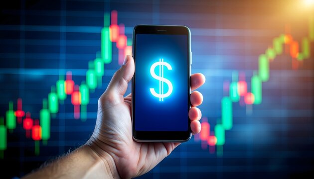 Smartphone screen showing dollar sign with stock market graph in background - Powered by Adobe