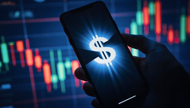 Digital Dollar Symbol Illuminated on Smartphone Screen Against Stock Market Background