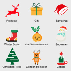 ​A collection of nine colorful Christmas and winter-themed icons, including a reindeer, gift, Santa hat, winter boot, snowman, Christmas tree, cartoon reindeer, candle, and cute festive ornament. 