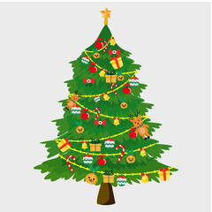 ​A festive, fully decorated Christmas tree illustration with gifts, ornaments, reindeer, and candy canes, topped with a golden star on a white background.