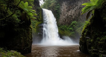 Fototapeta premium Symmetrical Jungle Waterfall with Murky Brown Pool. Photorealistic Hidden Paradise Waterfall. Moss-Covered Rock Walls Framing a Cascade.