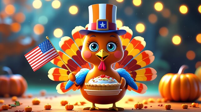 Patriotic turkey holding american flag pie photos