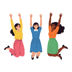 Naklejka premium Three diverse women joyfully jumping, celebrating