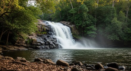 Majestic multi-tiered waterfall in a dense green forest. Misty waterfall with a dark reflective pool. Rugged rock face and white cascading water.