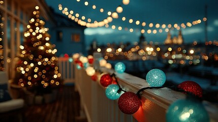 Christmas tree and string lights decorate a balcony at night cityscape background.
