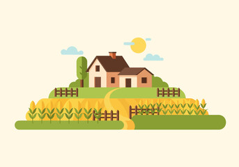 A flat design illustration of a farmhouse on a grassy hill surrounded by cornfields