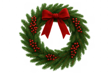 Christmas wreath framing season with evergreen branches, a red velvet bow, and holly berries. Transparent background
