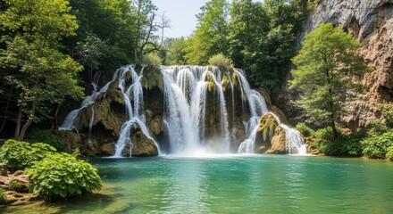 Multi-tiered waterfall with vibrant turquoise pool. Sunny day cascade in an emerald green jungle. Photorealistic waterfall with misty spray and foliage.