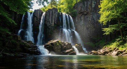 Sheer rock face waterfall with a tranquil reflecting pool. Sunlit mist and ethereal glow in a forest. Photorealistic waterfall with saturated natural colors.