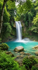 Tropical waterfall with a sense of motion and light. Painterly rich cascade in an emerald rainforest. Balanced composition of a powerful jungle waterfall.