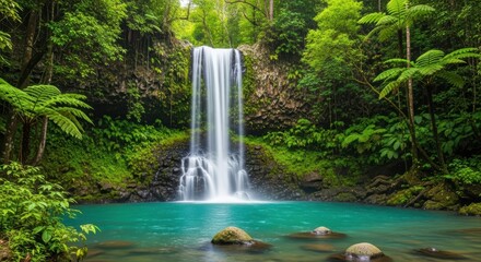 Tall rainforest waterfall with exotic ferns and palms. Powerful cascade in a dense tropical jungle. Awe-inspiring waterfall with ethereal blue-green water.