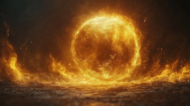 Fiery Sphere Descending onto Dark Ground