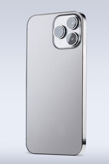 A modern smartphone stands upright against a soft, neutral background, highlighting its polished surface and advanced camera features. This setup offers ample space for branding or customization.