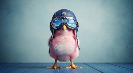 Fototapeta premium Adorable pink chick wearing vintage aviator hat and goggles ready for adventure