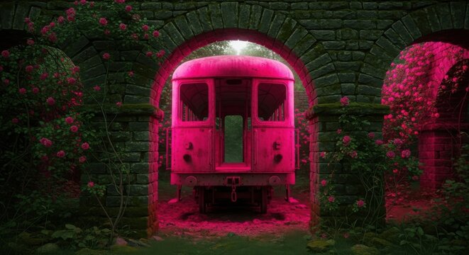 Vintage train carriage illuminated by vibrant pink light inside a dark tunnel - Powered by Adobe